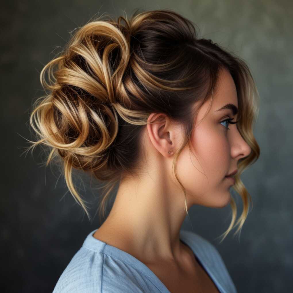 Messy Bun with Wavy Tendrils